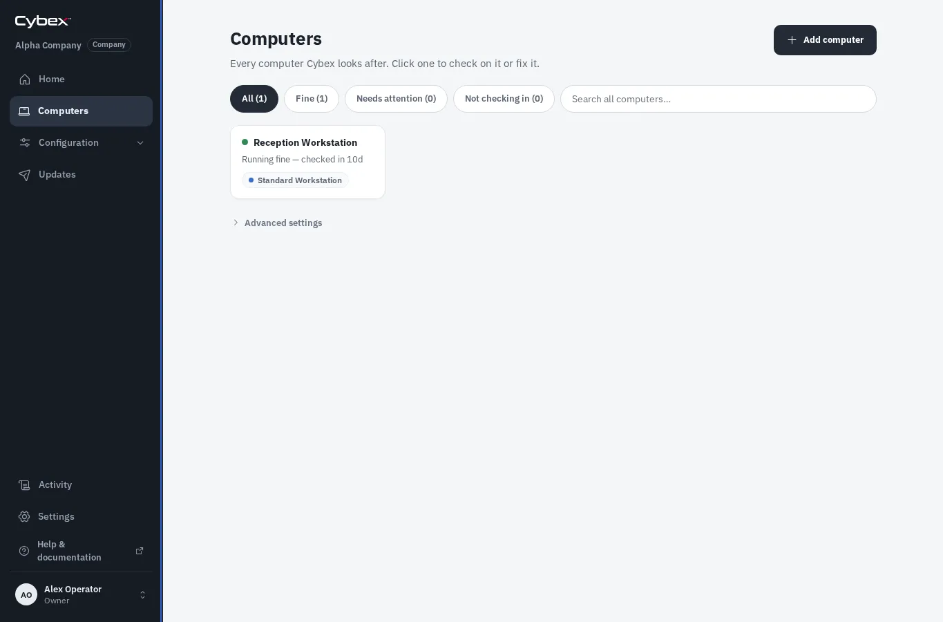 Computer inventory showing an online managed workstation.