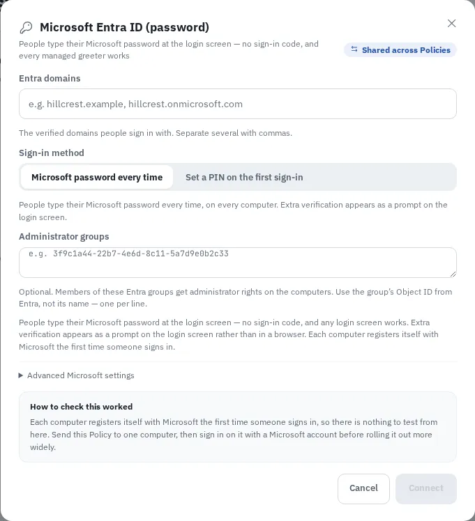 Microsoft Entra ID password connection dialog in Cybex Sign-in sources.